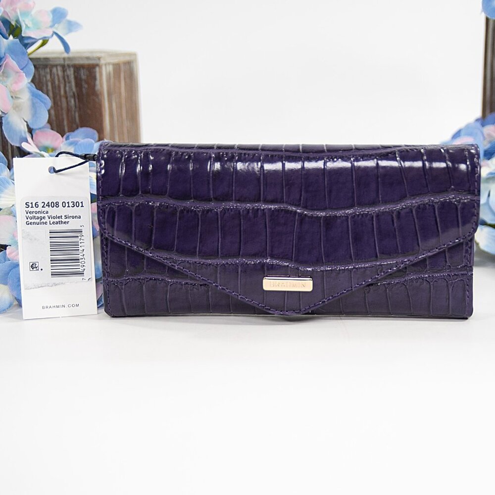 Brahmin Voltage Violet Sirona Croc Leather Veronica Trifold Wallet NWT